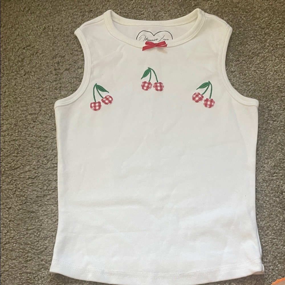 Cherry Print Sleeveless Kids Top - White